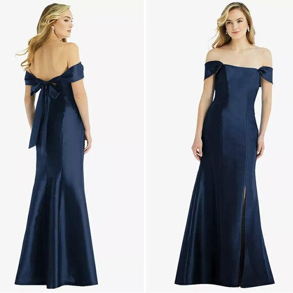 Size 12 - ALFRED SUNG Off-the-Shoulder Bow-Back Satin Trumpet Gown Navy NEW $242 - Picture 1 of 12